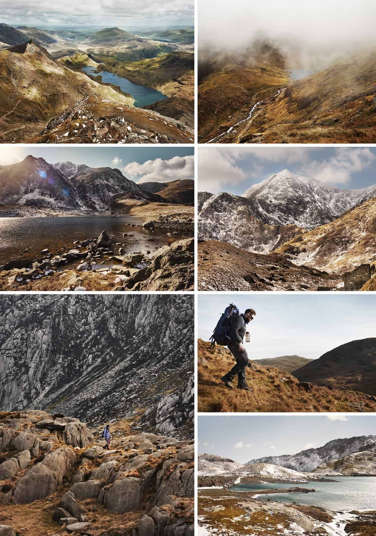 ID: Clockwise from left 1: A landscape image. Mount Snowdon from the summit - it is a clear day and there are lots of mountain tops, lakes and other hills visible. 2: A landscape image. A mountain detail of a waterfall on some rocky hills with cloud coming over the tops of the mountain. 3: A landscape image. A landscape facing Mount Snowdon pictured on a snow covered day - it is bright in the sky and the mountains look freshly covered. 4: A landscape image. Matt walks into the frame down the hill in this mountain scene. He is wearing black boots, trousers, top and a large bag. He is wearing a bottle on his front. It is a clear day and the mountains are very visible. 5: A landscape image. the Ogwen Valley pictured with a fresh coat of snow, it is a clear day with browns and greens visible from the mountains. 6: A portrait image. Fay is pictured walking in the midst of mountain rocks. In the foreground there is contrast with the brown rocks compared to the grey scree of the background. 7: A landscape image. the Ogwen Valley pictured with a fresh coat of snow, it is a clear day with browns and greens visible from the mountains.
