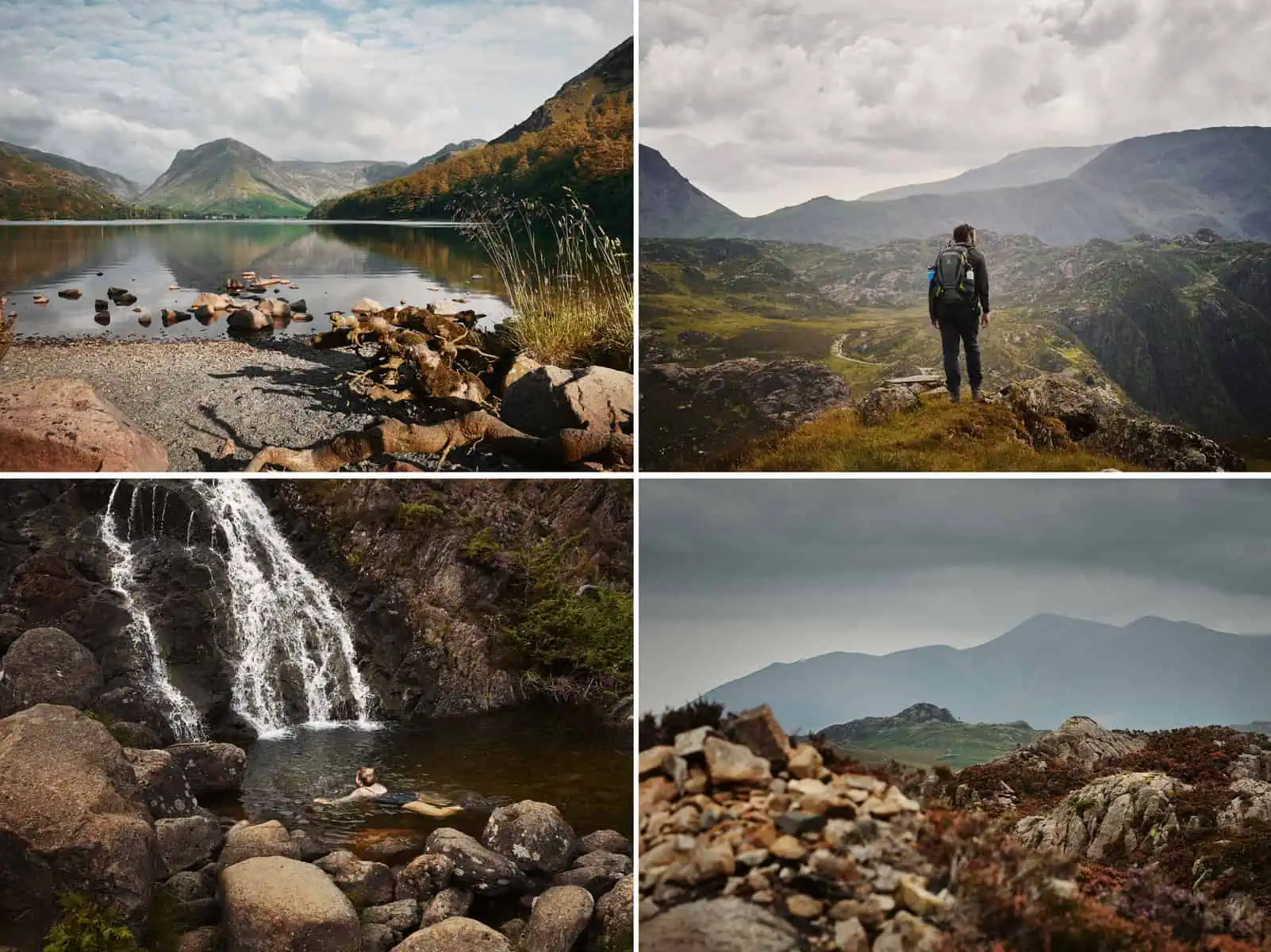 ID: Clockwise from left 1: A landscape image of a lake. In the foreground are rocks and stones. In the middle is the water from the lake with a mirror reflection of the lake. The sky is slightly overcast with bright blue behind. It is a fair weather day and the light is golden. 2: A landscape image. Matt stands on a rock outcrop looking at a mountain view in front of him. The air is hazy and so this is impacting the focus of the mountains. He looks out to the right and is pictured from behind. He wears grey trousers, grey hoody and grey and green backpack. 3: A landscape image. In the foreground is a rocky shaped mountain side with lots of grass and green and greys from the rocks. In the background are hazy jutting peaks. It is overcast but there is a highlighted quality to the image. 4: A landscape image. Fay is pictured swimming in a wild swimming spot at the base of a waterfall. The water from above is white and fast flowing. Around the pool are lots of big rocks. The image is quite brown and Fay is looking at the waterfall wearing a black swimsuit.