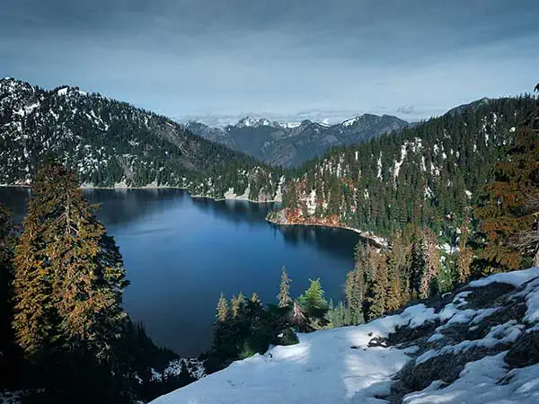 view from above of Snow Lake in the Alpine Lakes Wilderness Washington
