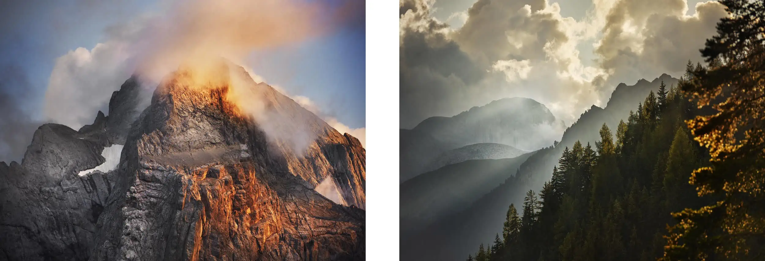 The obvious use of one lenses is to frame up distant subjects. In these images - from the Italian Alps on the left and the Austrian Alps on the right - we have used telephoto lenses to pick out details of evening light in the mountains.