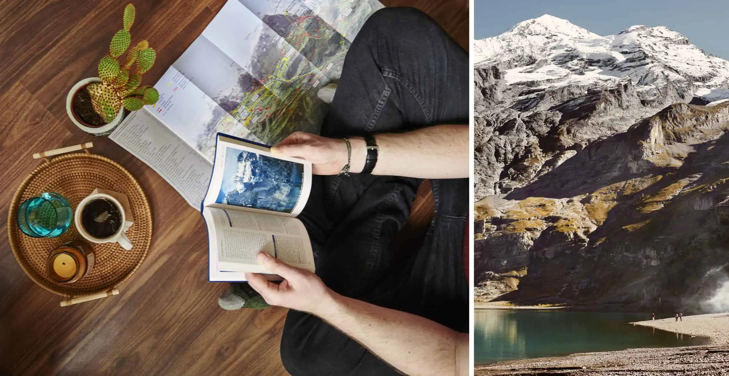 ID: from left to right. 1: a landscape image. A flatly looking down at Matt reading a guide book on the Bernese Alps, Switzerland. Around him are maps, a drink and a cactus. The floor is dark brown wood and the drink is blue, white mug with black co…