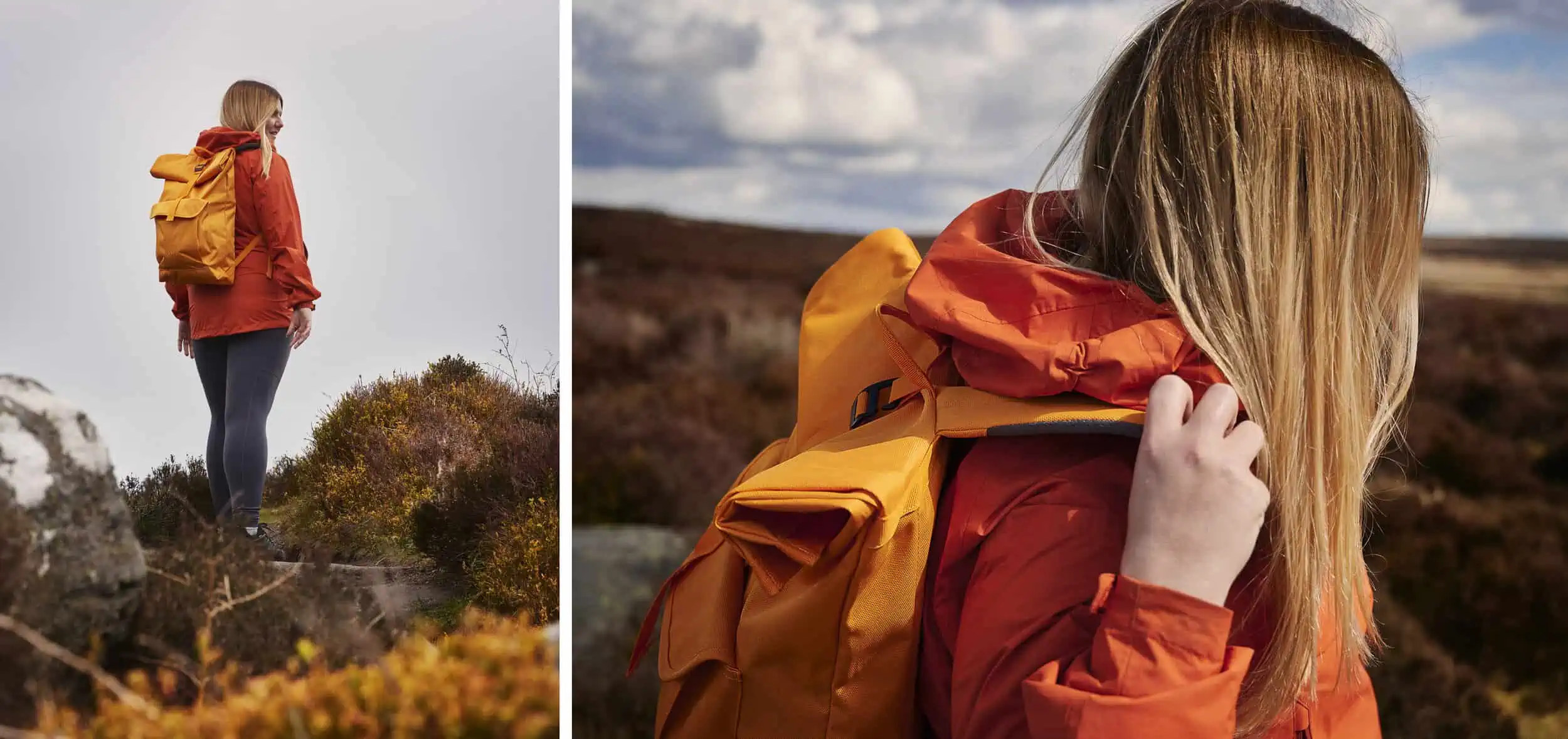 Image description: From left to right – 01: A portrait image. Fay stands with black to camera but with head twisted so we see the right-hand side. Fay wears grey trousers, a bright red raincoat, and a Millican Core Roll 20l pack in Sunset. In the foreground are out of focus rocks and some orange/yellow flowers. The sky is dark without much detail. 02: A landscape image. A detail of Fay putting on a Millican Core Roll 20l pack in Sunset. We see Fay’s arms and shoulders and is wearing a bright red raincoat. In the background is a grassy hull with a cloudy blue sky.&nbsp;