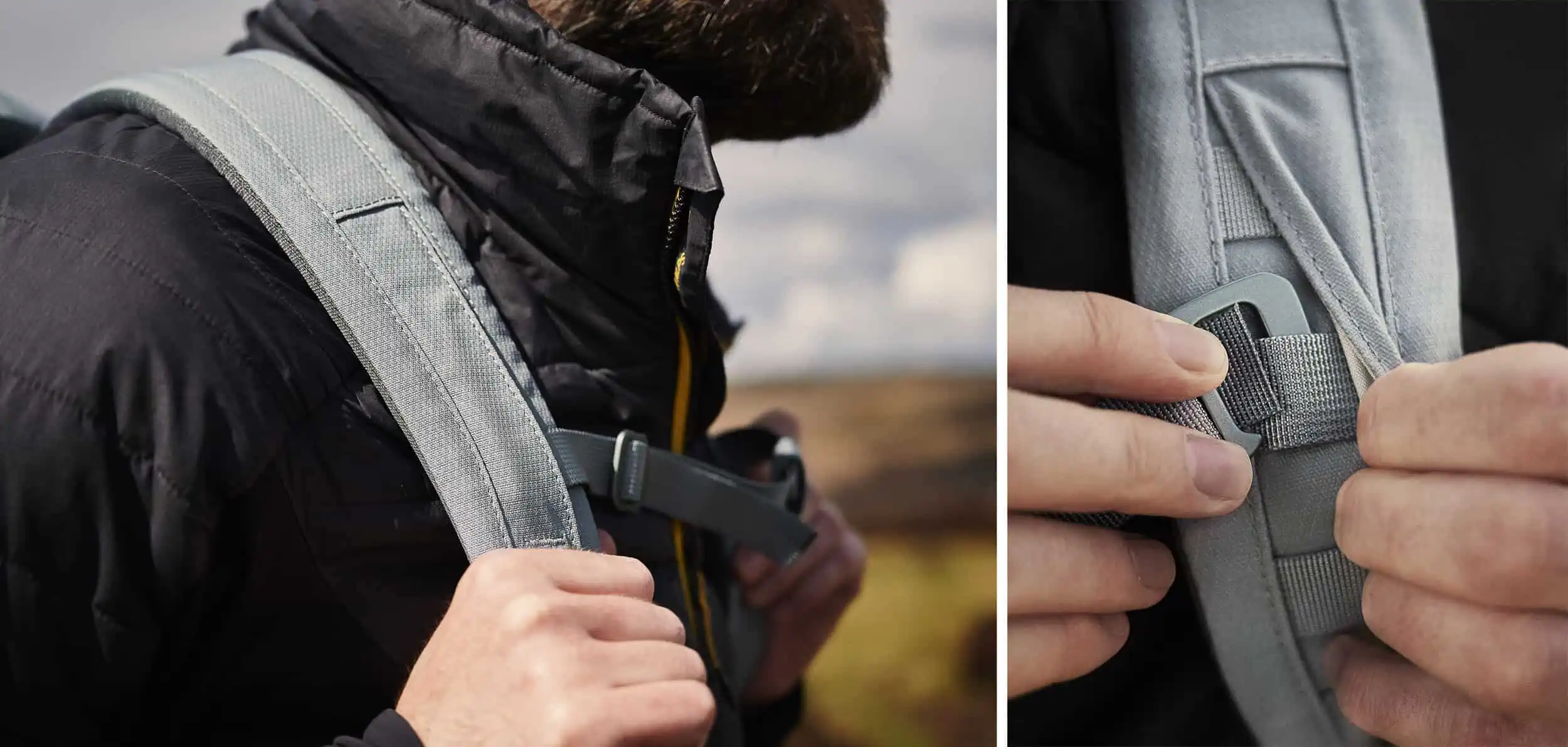 Image description: From left to right – 01: A detail od Matt holding the straps of a Millican ‘The Mavericks’ Smith the Roll 15l pack in Tarn. He looks out to the right and is wearing a black coat. 02: A portrait image. A close-up detail of a strap mechanism on a Millican ‘The Mavericks’ Smith the Roll 15l pack in Tarn. Matt uses his finger to hook the fastener into the strap of the bag.&nbsp;