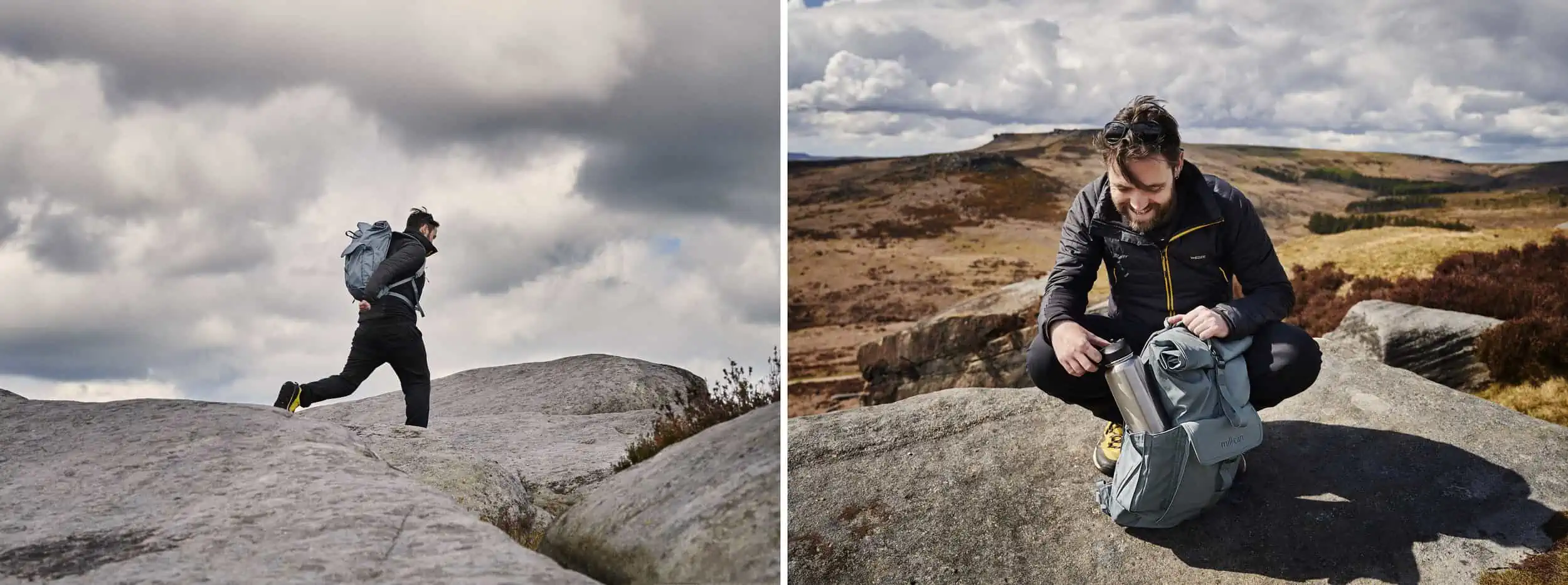 Image description: From left to right – 01: A landscape image. The scene is minimal with a dark cloudy sky and rocks in the foreground. Matt is caught mid action as he jumps from rock to rock. He wears black trousers, a black coat and a Millican ‘The Mavericks’ Smith the Roll 15l pack in Tarn. 02: A landscape image. Matt crouches down with his Millican ‘The Mavericks’ Smith the Roll 15l pack in Tarn. He lifts a titanium water bottle from the side pouch. He smiles. The background is mountainous with browns, greens and oranges in the surrounding hills.&nbsp;