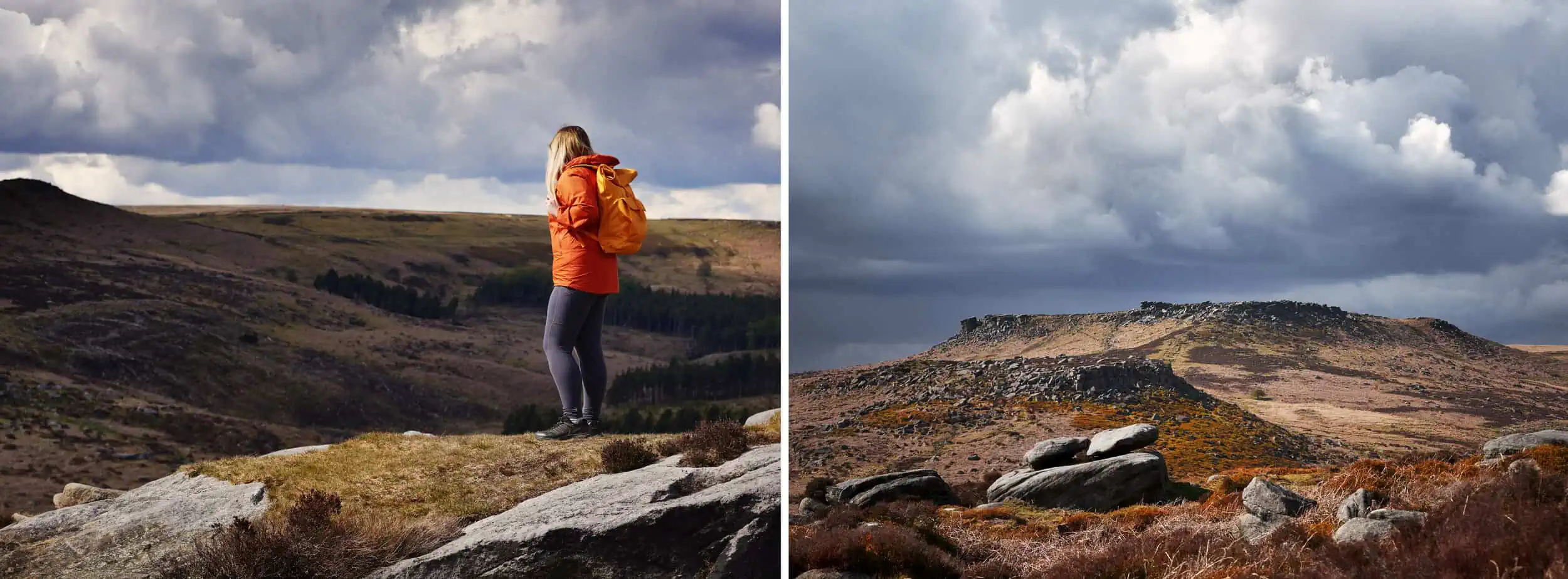 Image description: Image 01 From left to right – 01: A landscape image. Fay stands to the right of the frame. Fay is wearing grey trousers, black hiking shoes, a bright red raincoat and a Millican Core collection 20l pack in Sunset. The hills around are dramatic with rocky craggs and the sky is a heavy, dark blue. 02: A landscape image. A scene of hills and mountains, in the foreground are rocky craggs. The colours of the moss around are reds and browns. The sky is a deep blue – it looks stormy and dark.&nbsp;