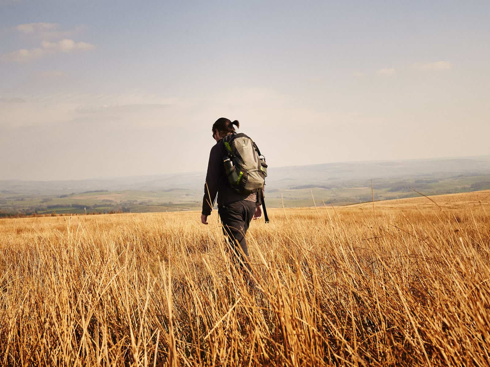 ID: A landscape image. Matt is walking away from the camera. In the foreground is long yellow grasses, which obfuscate the trail Matt is walking on in the background. In the background, we can see hills that are hazy in the bright light. The sky is …