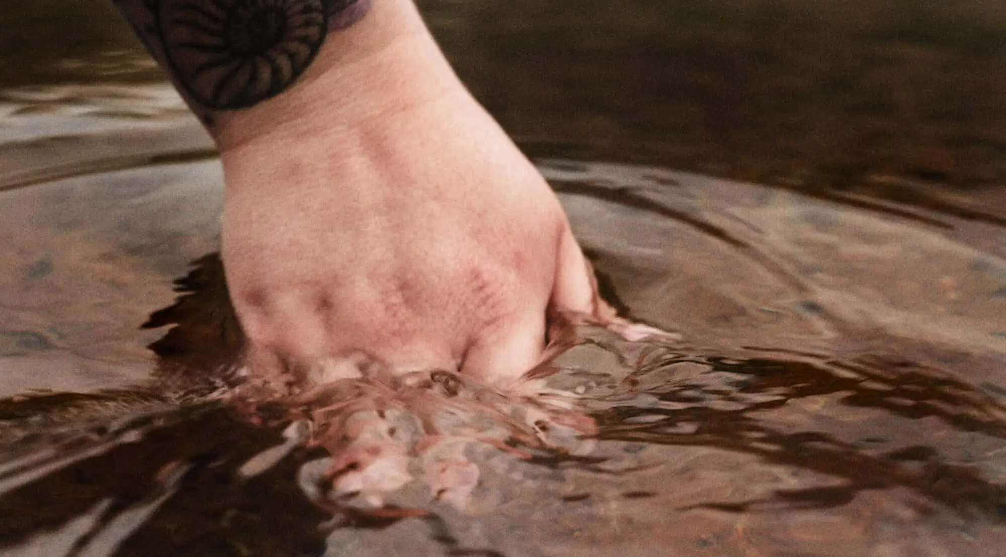 ID: A landscape image. A close up of Fay’s hand skimming the water. The water looks brown due to the bottom of the lake. There are ripples around Fay’s hand where it meets the water.