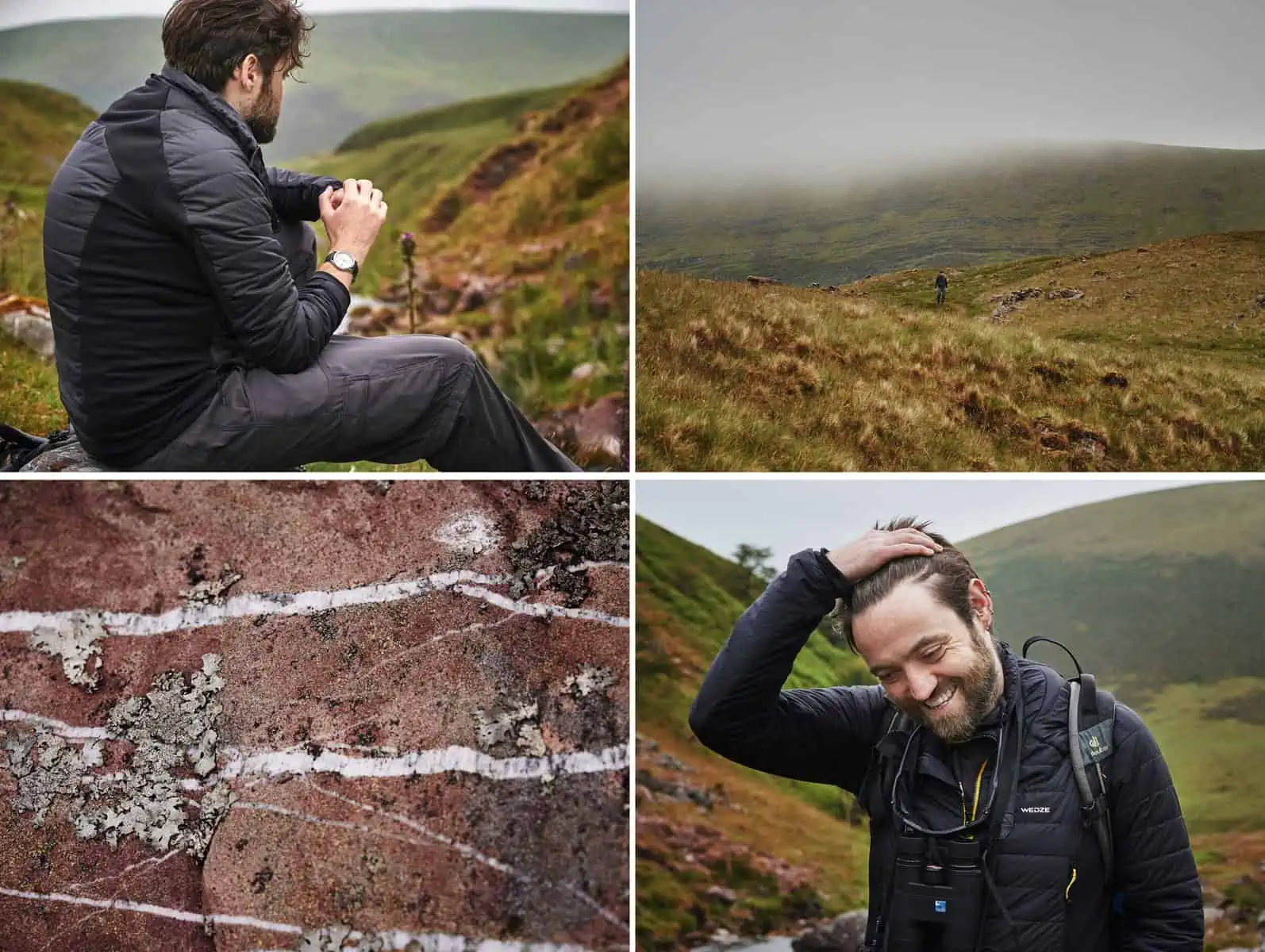 ID - clockwise from top left - 1: A landscape image. Matt sits on a rock with back to camera. He is holding his left wrist with his right and is looking into the distance. He wears black and grey clothes. In the background are mountains. 2: A landscape image. Matt is small in frame as he hikes down the side of a mountain hill. The mountain is cast in thick cloud so you can’t see the top. 3: A landscape image. A close up of Matt who is facing the camera. He is sweeping his hair over his head and out his eyes and is smiling. He is wearing a black coat, grey bag, sunglasses and has binoculars around his neck. 4: A landscape image. A close up detail of a rock which is red and has elements of lichen growing on it. There are white lines across the rock creating interesting patterns.