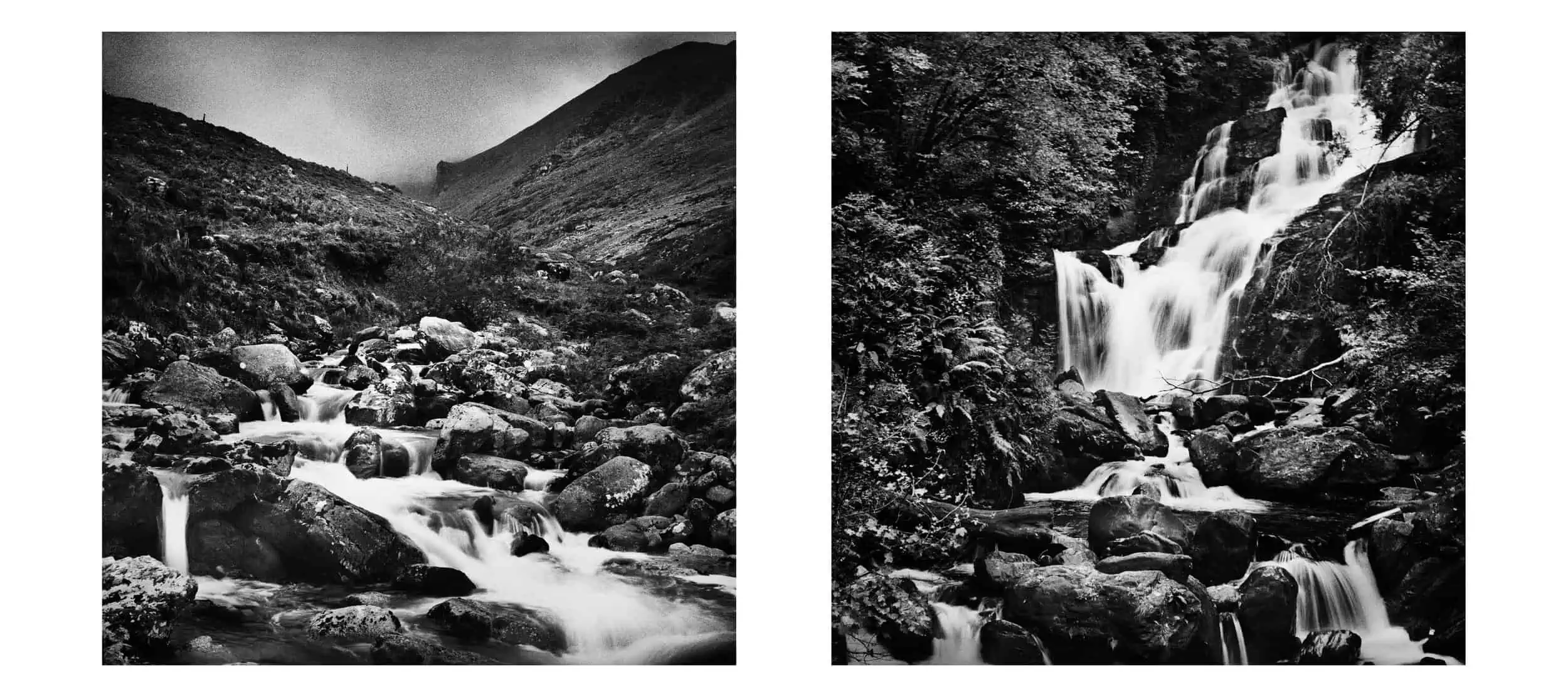 Image ID: A series of two black and white images. The images are grainy and have been made on film. These images show white-water streams with small waterfalls flowing through a dark landscape. The images are generally dark, but the flowing water, blurred through long exposure is bright white.
