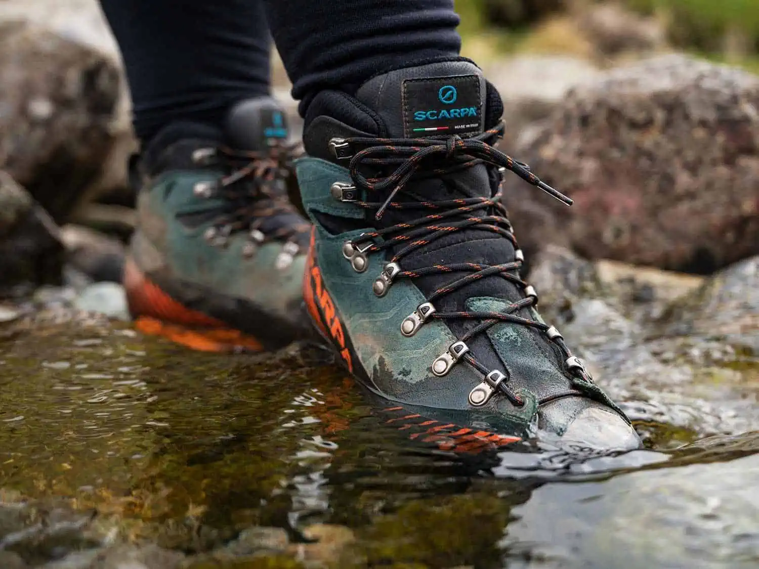 scarpa ribelle lite hd waterproof hiking boot in stream crossing